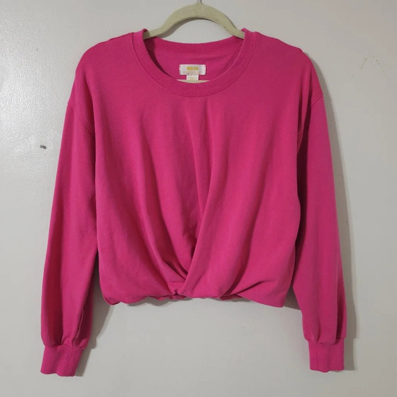 MAEVE Hot Pink Crewneck Cropped Sweatshirt, Faux Knot Twisted Front Hem, XS - Picture 3 of 14